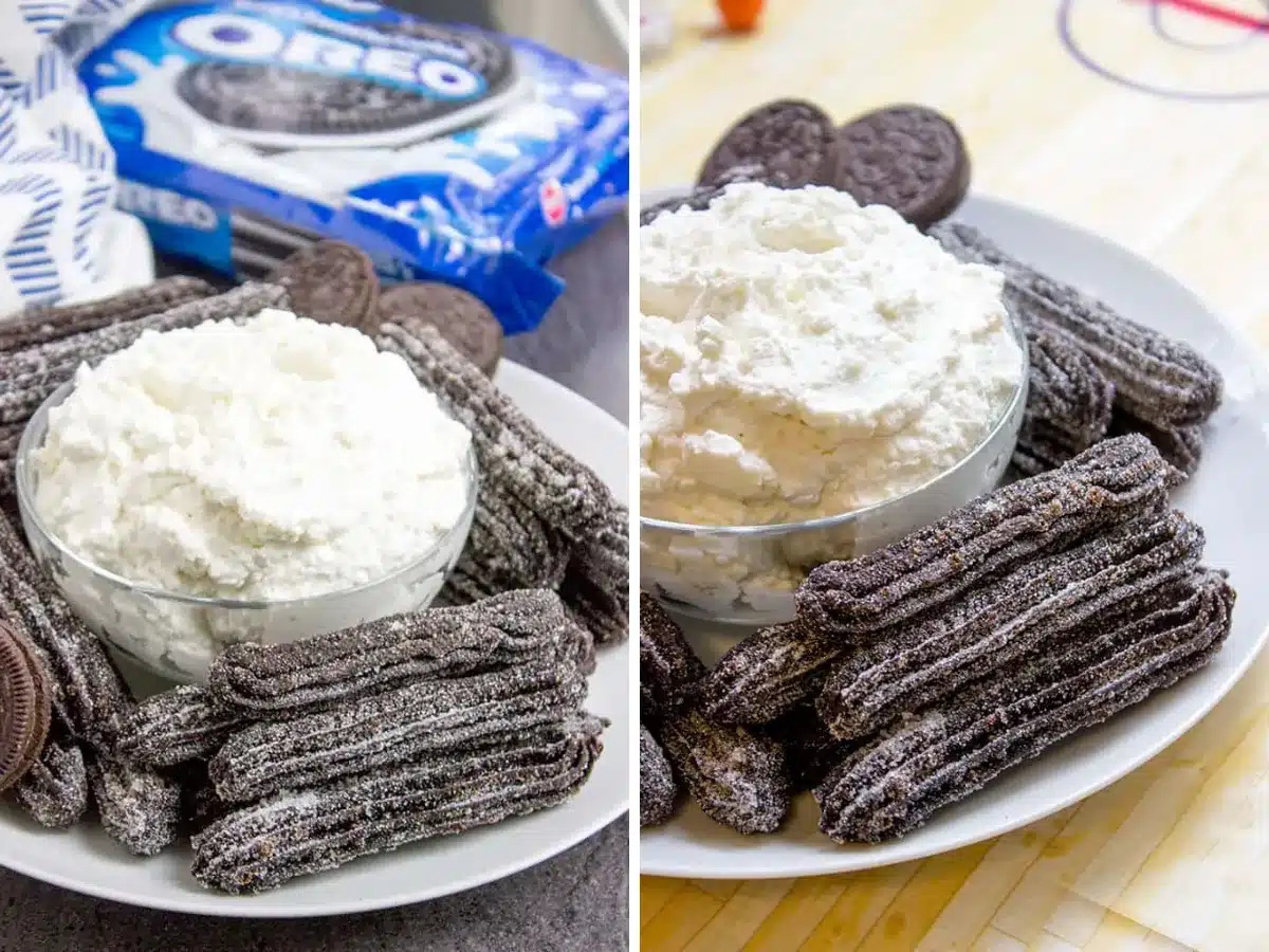 collage of churros palted with cream 