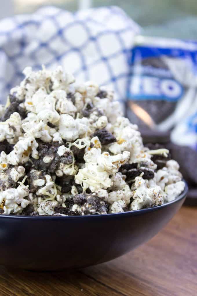 Oreo Popcorn needs only 3 ingredients and just a few minutes to make. It's guaranteed to make movie night a hit!