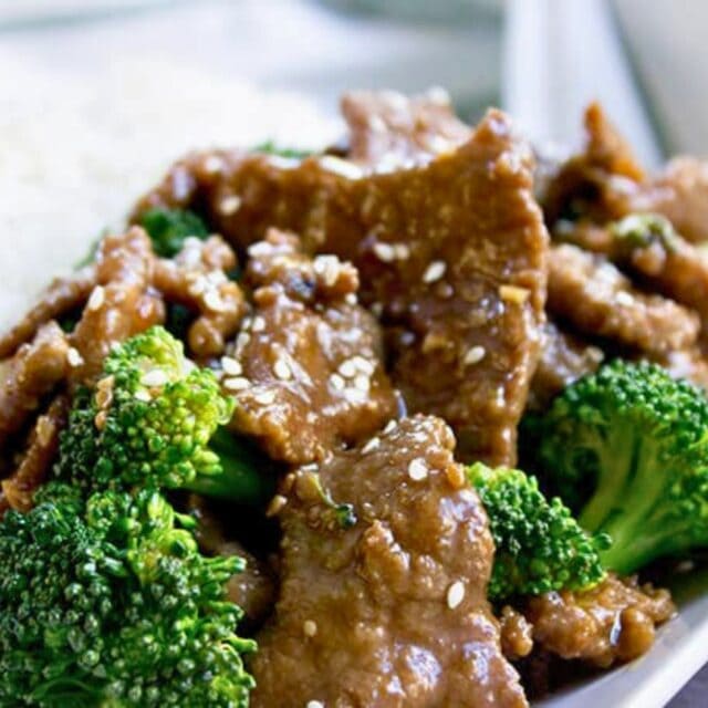 Bites of beef and broccoli on a plate