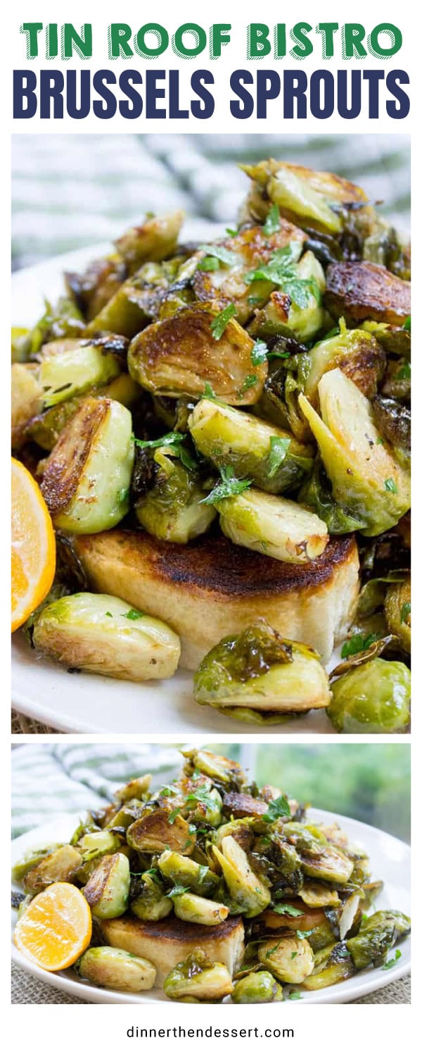 White plate with Brussels sprouts and lemon half pin image