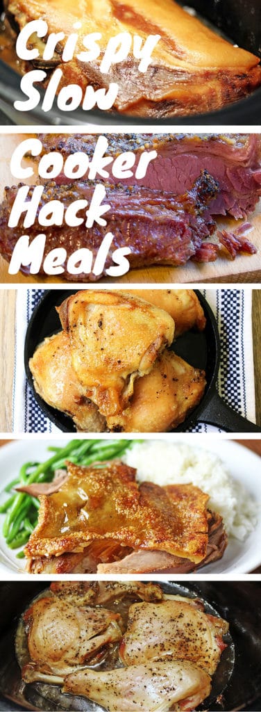 5 Crispy Slow Cooker meals that have a short ingredient list and taste amazing with crispy skin. Perfect for dinner, then use them in recipes all week!