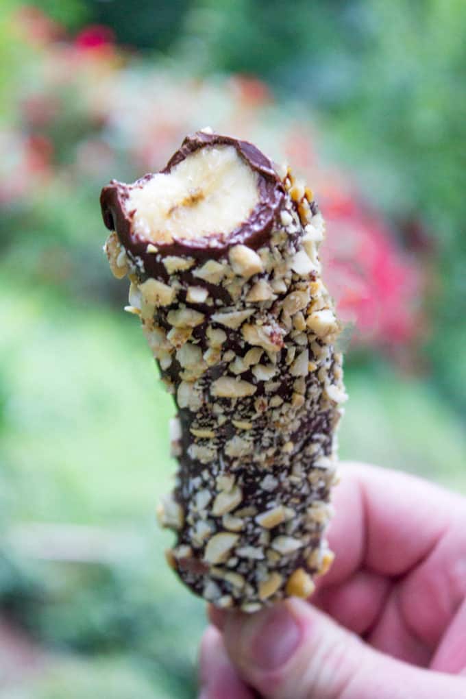 Disney Chocolate Covered Frozen Bananas are a popular treat inside the parks, at amusement parks and beaches across the world. Frozen Bananas dipped in melted homemade chocolate magic shell and covered in peanuts. The perfect slightly healthy treat!