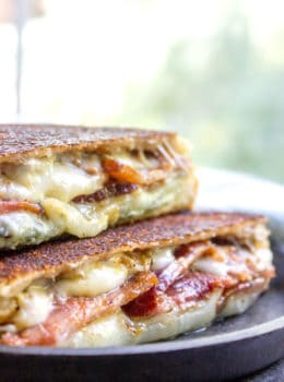 Fig and Bacon Grilled Cheese, otherwise known as The Figgy Piggy is a grilled cheese sandwich with homemade fig spread, bleu cheese, provolone and thick cut bacon.