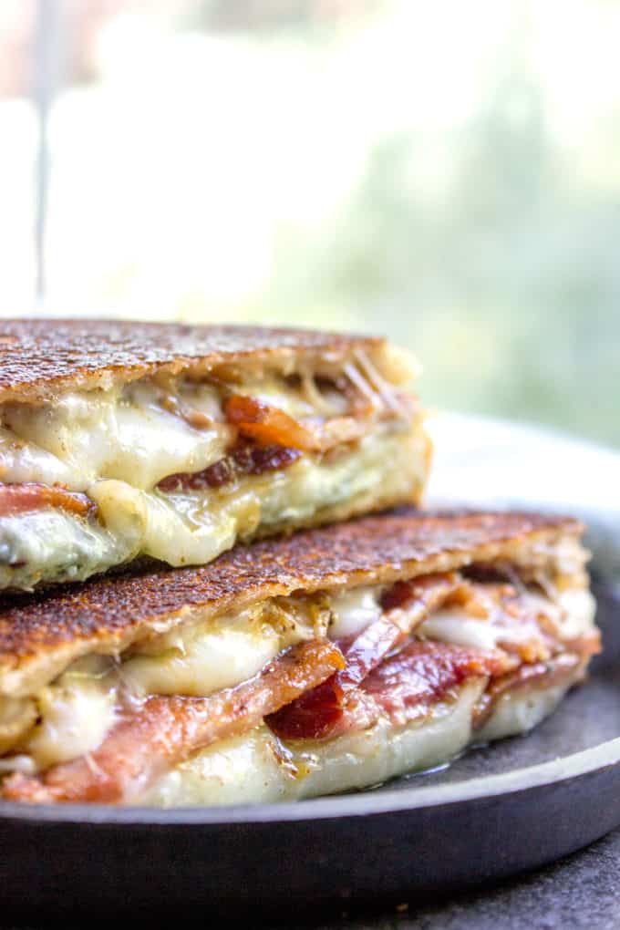 Fig and Bacon Grilled Cheese, otherwise known as The Figgy Piggy is a grilled cheese sandwich with homemade fig spread, bleu cheese, provolone and thick cut bacon.