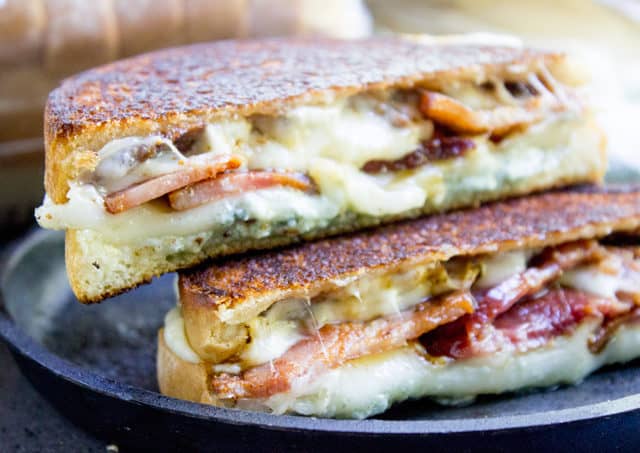 sliced fig and bacon grilled cheese sandwich