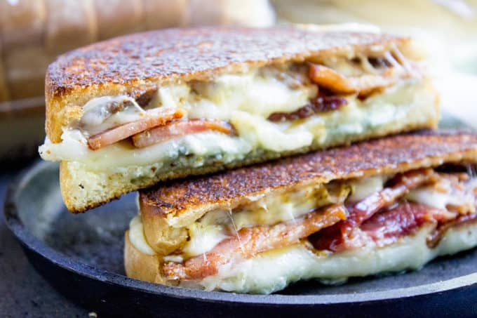 Fig and Bacon Grilled Cheese, otherwise known as The Figgy Piggy is a grilled cheese sandwich with homemade fig spread, bleu cheese, provolone and thick cut bacon.