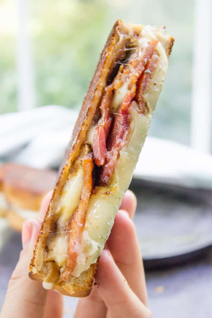 Fig and Bacon Grilled Cheese, otherwise known as The Figgy Piggy is a grilled cheese sandwich with homemade fig spread, bleu cheese, provolone and thick cut bacon.