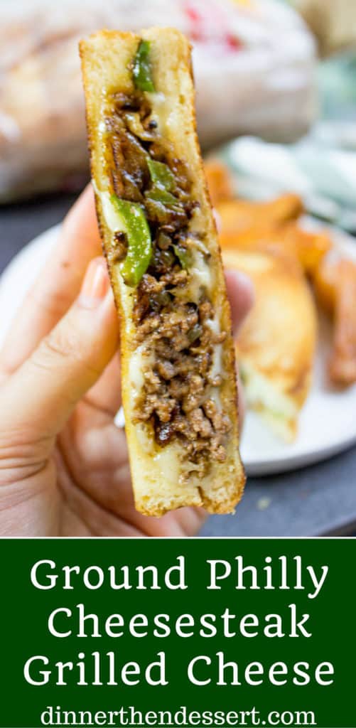 Ground Philly Cheesesteak Grilled Cheese made with bell peppers, onions and American or Provolone Cheese. All the flavor of a cheese steak for half the price.