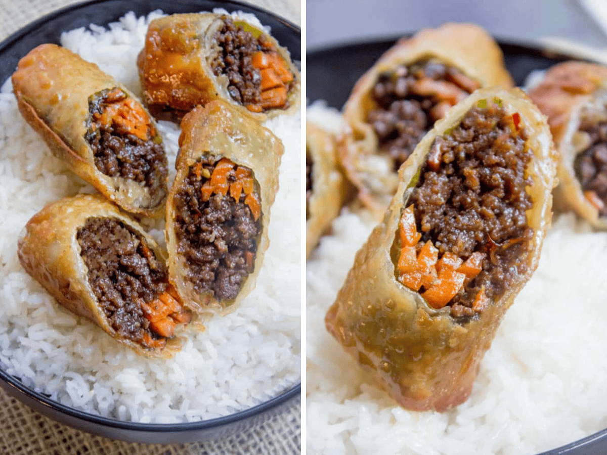 Collage of rolls on top of rice