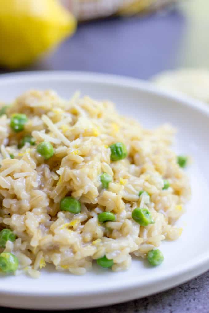 Brown Rice Risotto with garlic, peas and lemon