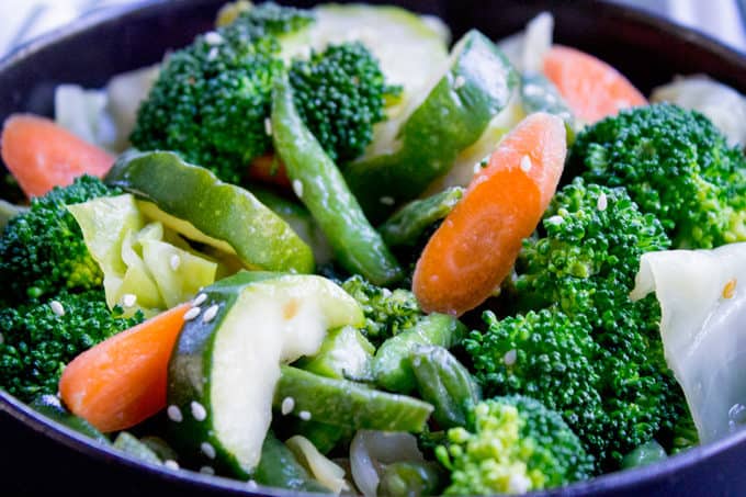 Panda Express Mixed Veggies is a mix of broccoli, zucchini, carrots, string beans and cabbage steamed in chicken stock for added flavor.