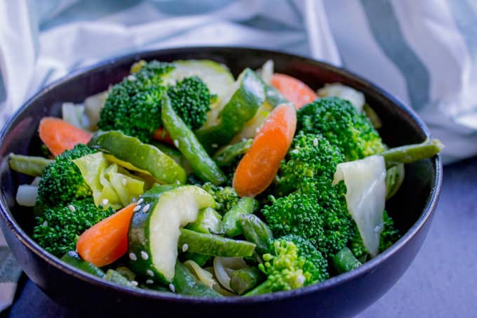 Panda Express Mixed Veggies is a mix of broccoli, zucchini, carrots, string beans and cabbage steamed in chicken stock for added flavor.