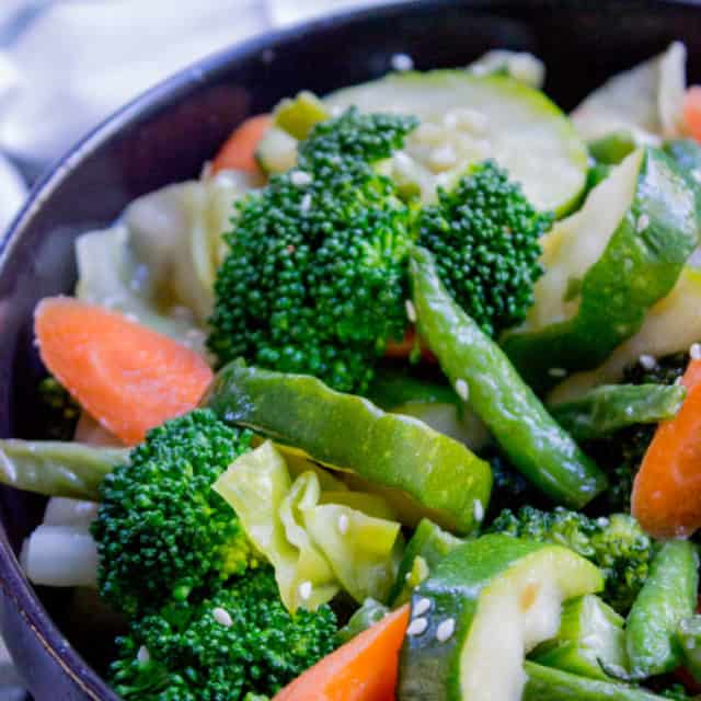 Panda Express Mixed Veggies is a mix of broccoli, zucchini, carrots, string beans and cabbage steamed in chicken stock for added flavor.