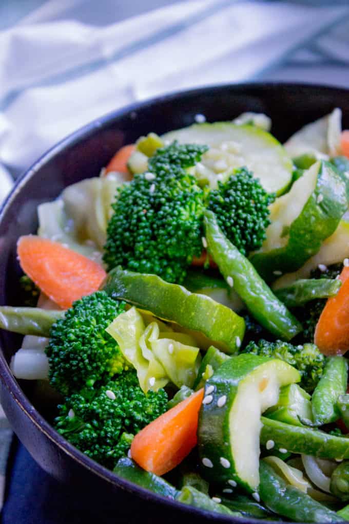 Panda Express Mixed Veggies is a mix of broccoli, zucchini, carrots, string beans and cabbage steamed in chicken stock for added flavor.