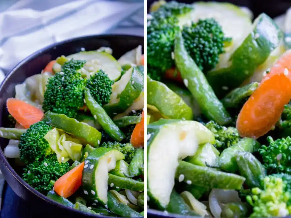 collage of bowl of veggies and a close up of veggies 