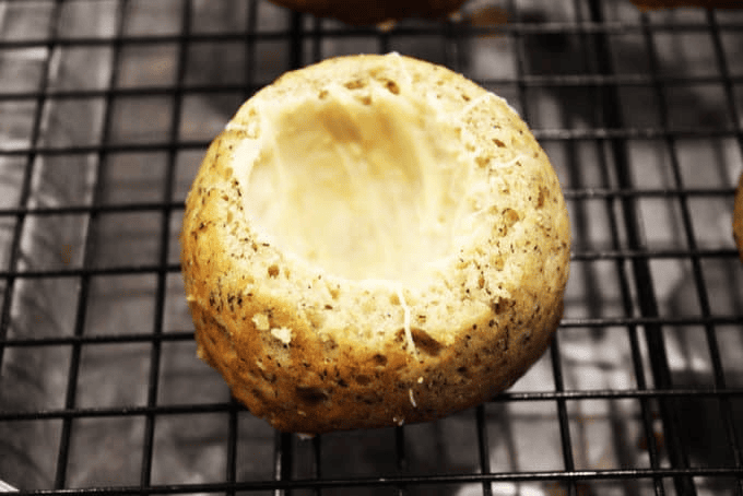 banana cake rounds with center scooped out and white chocolate center