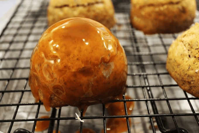 Banana cake rounds topped in salted caramel sauce