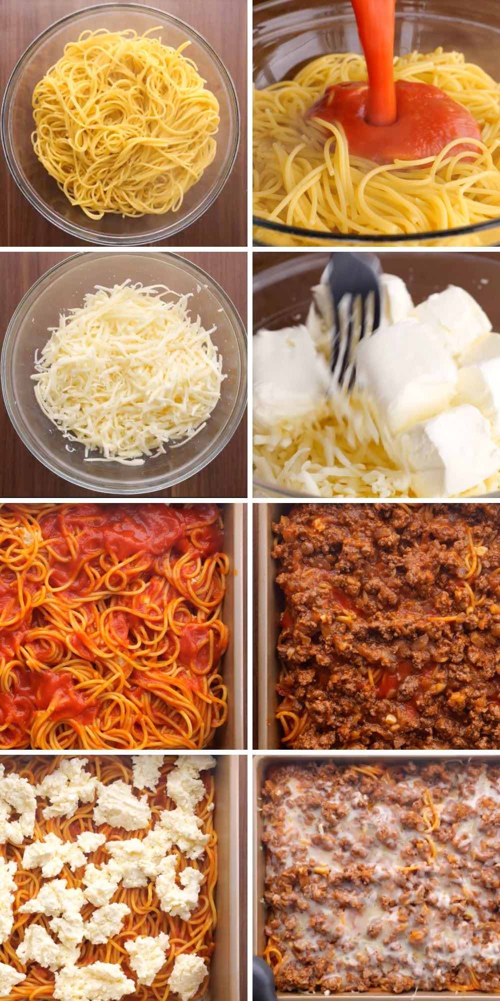 Million Dollar Baked Spaghetti Collage of prep steps