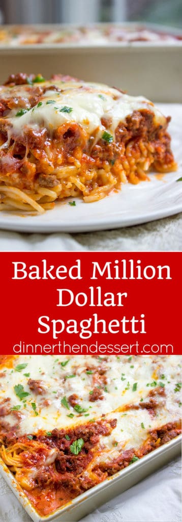 Baked Million Dollar Spaghetti is creamy with a melty cheese center, topped with meat sauce and extra bubbly cheese. Tastes like a cross between baked ziti and lasagna with half the effort!