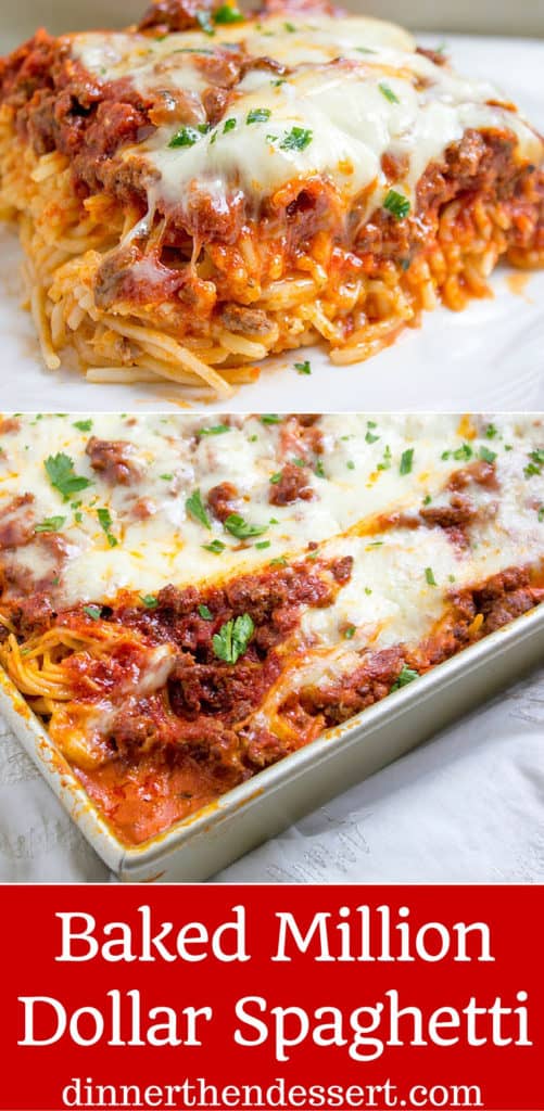 Baked Million Dollar Spaghetti is creamy with a melty cheese center, topped with meat sauce and extra bubbly cheese. Tastes like a cross between baked ziti and lasagna with half the effort!