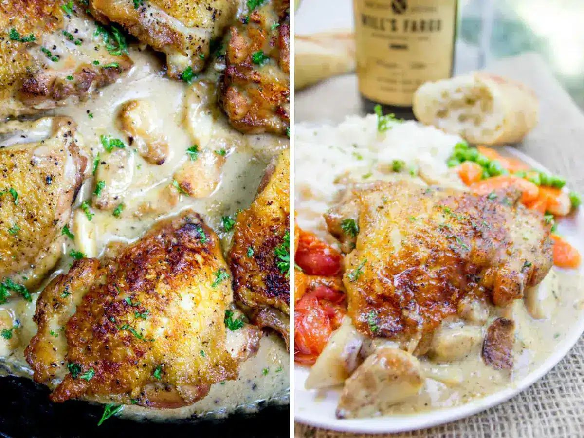 collage of chicken and plated dinner 
