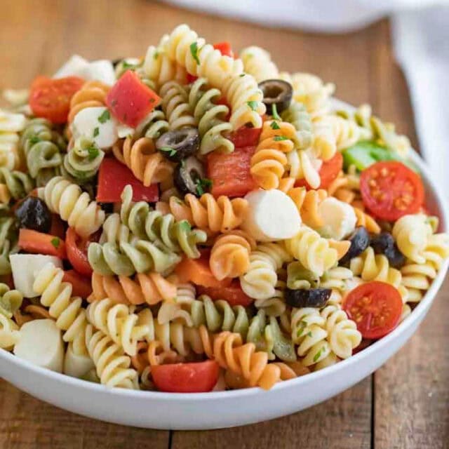 Pasta tossed with dressing and veggies 1x1