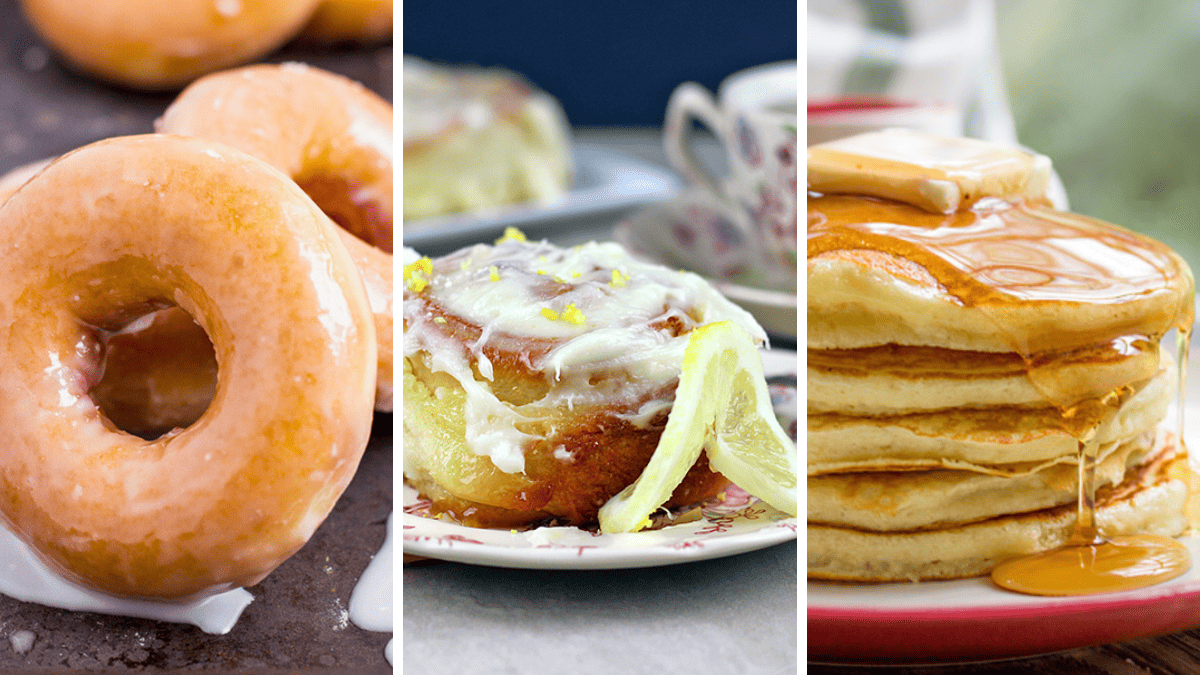 Three different photos of glazed donuts, sticky roll, and pancakes with syrup.