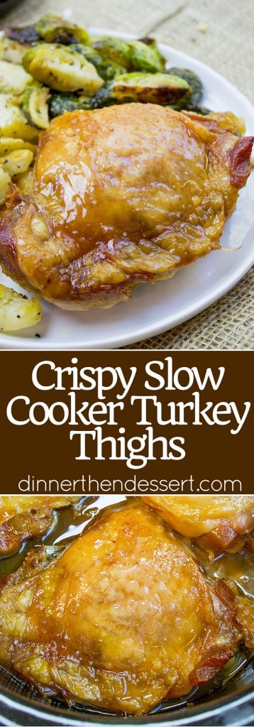 Crispy Slow Cooker Turkey Thighs are juicy, crispy, tender and a total breeze to make on a weeknight! Also includes 10 different ways to add different flavors with almost no effort!