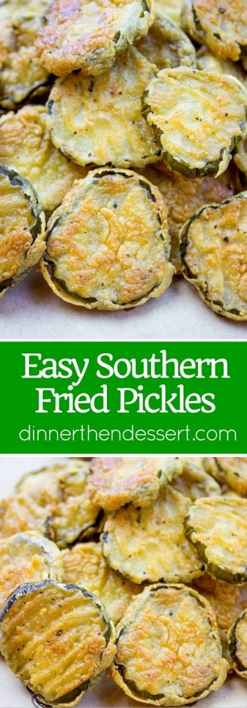 Fried Pickles made with sliced dill pickles breaded in seasoned flour and fried crispy are a fun side dish to add to your bbq plate and take just a few minutes to make.