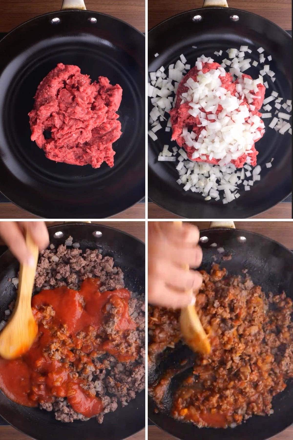 Million Dollar Baked Spaghetti Collage of meat cooking