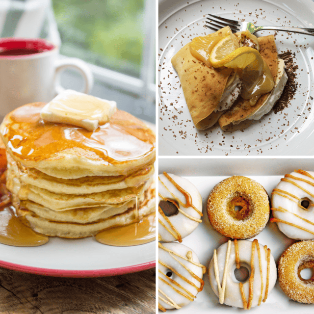 3 image grid collage with pantry pancakes, cinnamon roll donuts, and lemon curd crepes