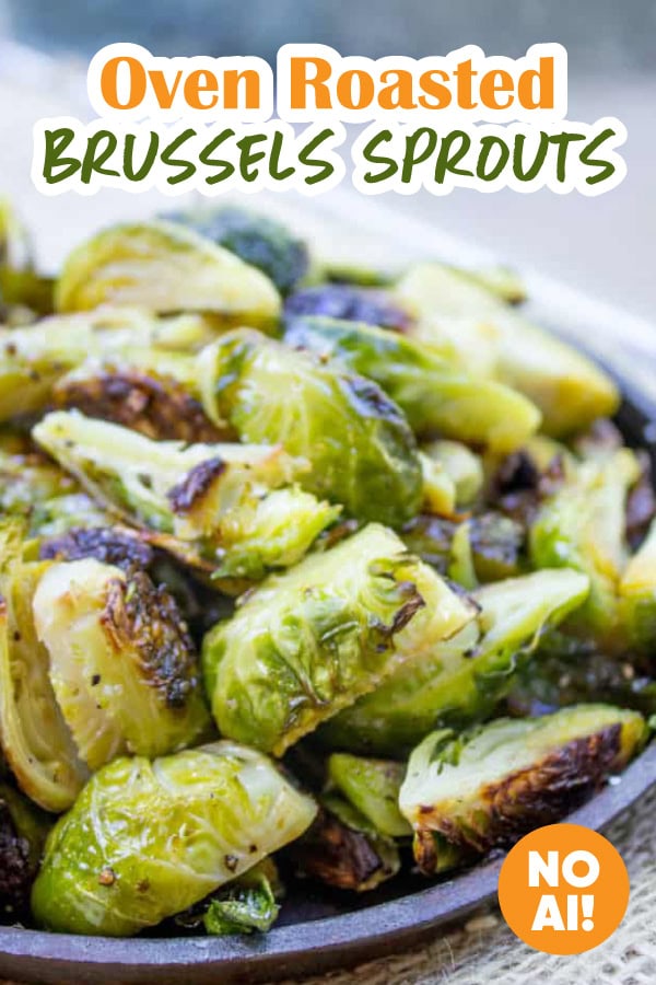 Crispy Brussels Sprouts in a skillet pin image