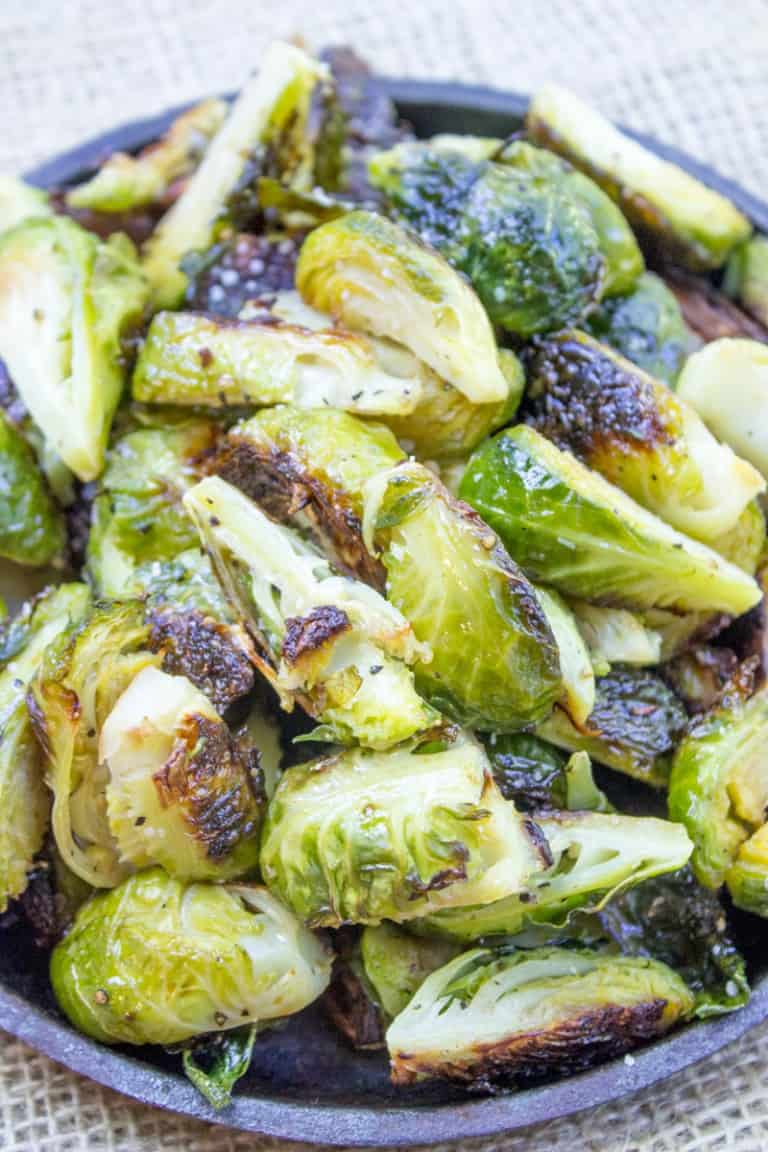 cooked sprouts sliced in half and photographed from above