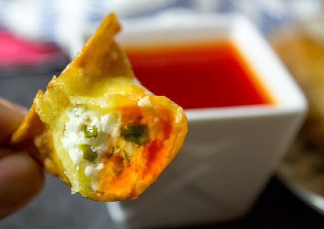 wonton dipped in sauce
