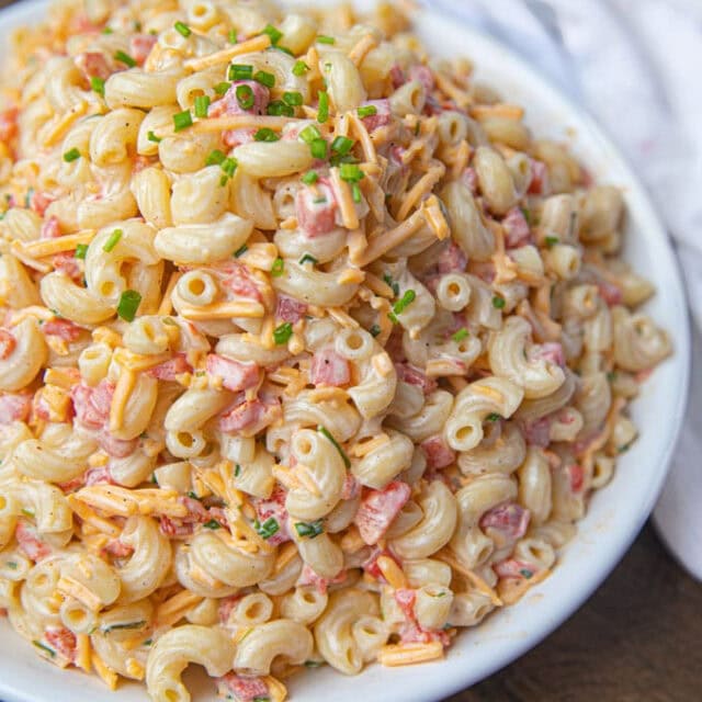 Finished on a pasta salad on a white plate