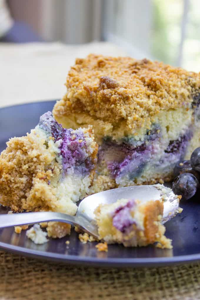 Blueberry Cream Cheese Coffee Cake with a tender center, creamy filling and a crunchy, buttery topping. A perfect mix of crumb coffee cake and cheesecake.