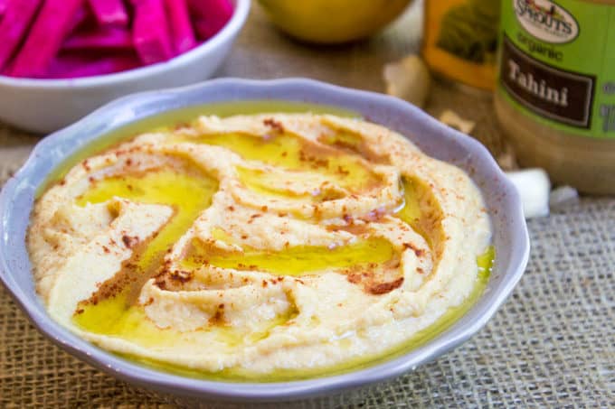 Classic Hummus ingredients include chickpeas, tahini, garlic, olive oil and lemon juice