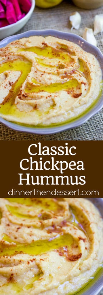 Classic Hummus made with chickpeas, tahini, garlic, olive oil and lemon juice makes the perfect appetizer or sandwich spread for your favorite meal!