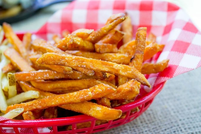 Crispy Sweet Potato Fries mixed with regular fries in basket
