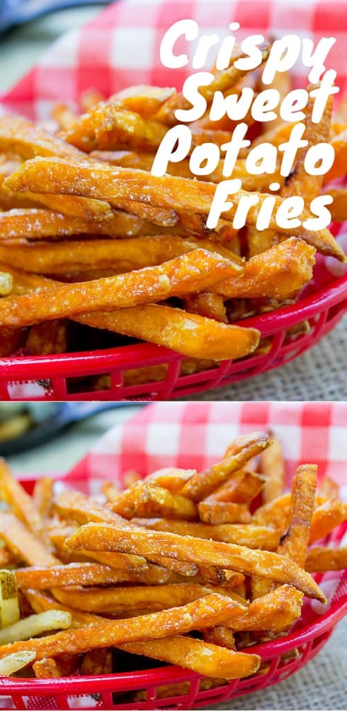 Crispy Sweet Potato Fries with a single magic ingredient to keep them crispy! No more soggy fries, these stay crispy even if you have to reheat in the oven.