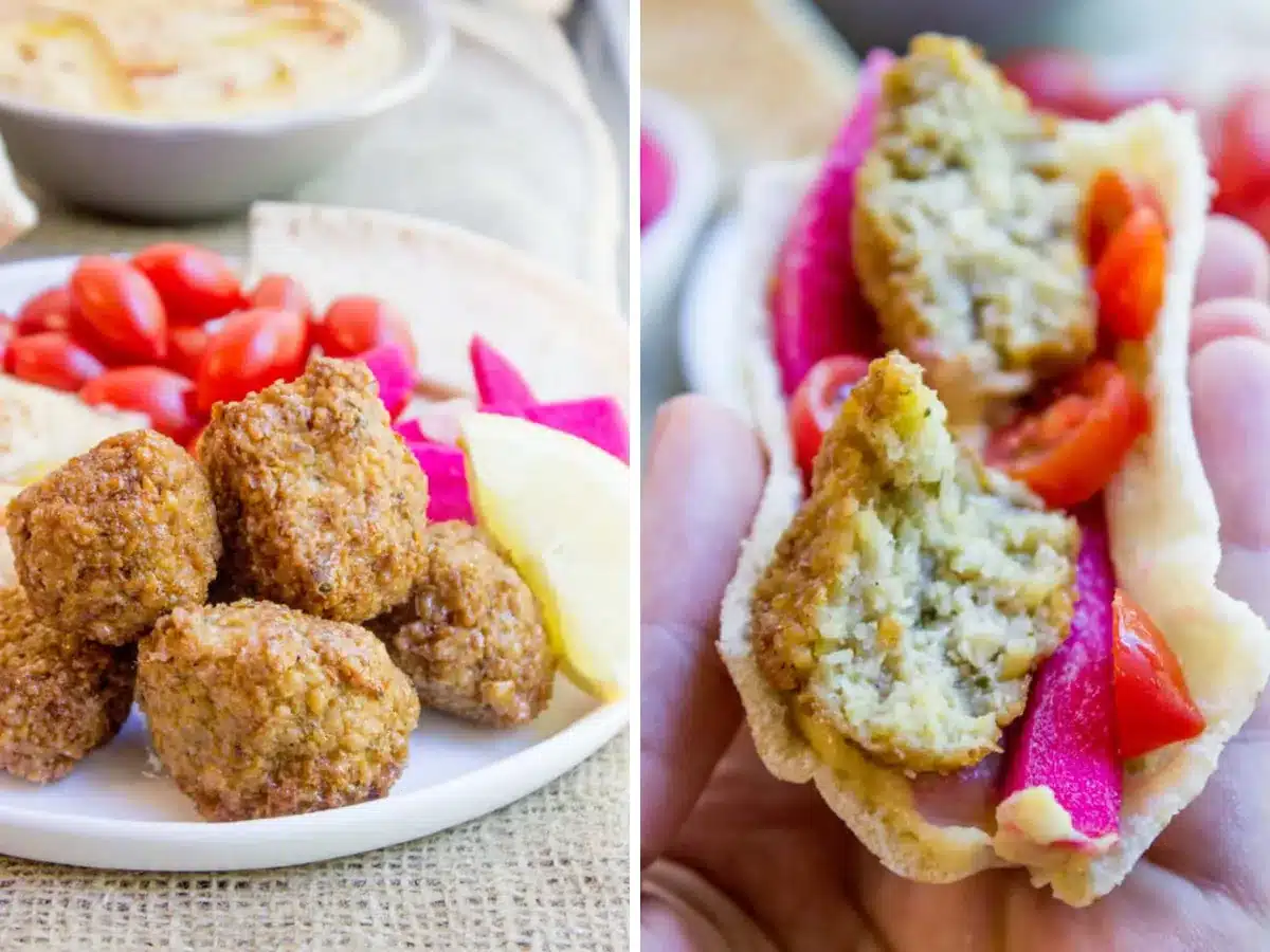 collage of falafel and pita with turnips 