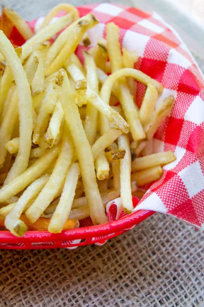 Shoestring French Fries are the perfect French Fries to when you're craving a pile of crispy-crunchy fries and they're crispy longer than thicker fries.