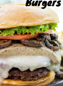 Truffle Mousse Burgers made at home with delicious truffle mousse, mushrooms and pepper crusted beef patties, this is the perfect indulgent burger for your summer cookout, graduation or Father's Day.