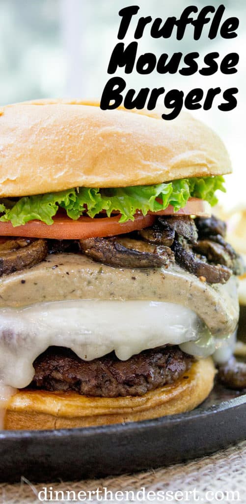 Truffle Mousse Burgers made at home with delicious truffle mousse, mushrooms and pepper crusted beef patties, this is the perfect indulgent burger for your summer cookout, graduation or Father's Day.