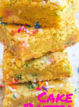 Cake Batter Blondies with all the flavors of your favorite birthday cake without the cake mix! Full of sprinkle goodness, chewy and soft!