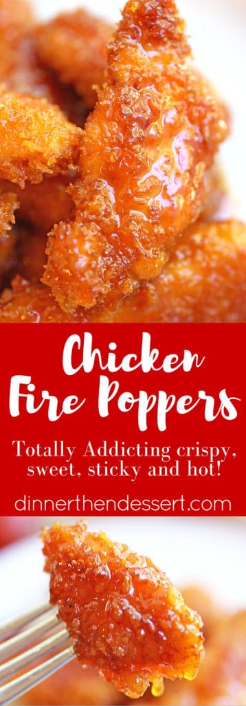 Chicken Fire Poppers are panko crusted, skillet fried then dipped in the most glorious honey-brown sugar hot sauce you've ever tasted and baked until they are bites of crunchy, sticky, sweet, spicy perfection!