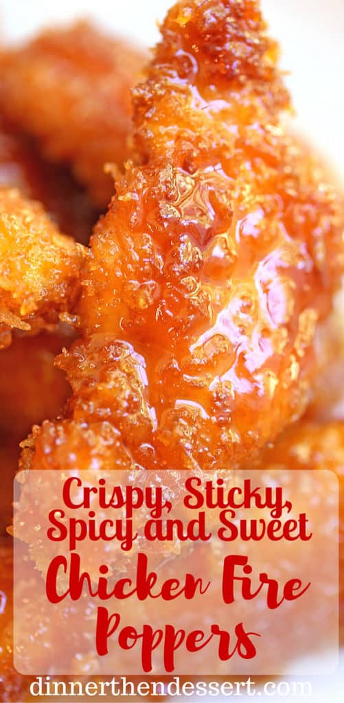 Chicken Fire Poppers are panko crusted, skillet fried then dipped in the most glorious honey-brown sugar hot sauce you've ever tasted and baked until they are bites of crunchy, sticky, sweet, spicy perfection!