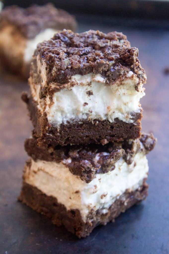 Marshmallow Crunch Brownie Bars are a totally indulgent brownie with three kinds of chocolate, an awesome marshmallow layer and the best brownie base. 