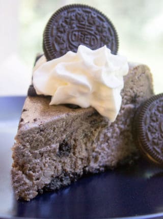 Oreo Cheesecake in its classic perfect form with an Oreo crust, crumbs in the batter and cookie pieces throughout. This is an epic cheesecake that any Oreo cookie fan will LOVE.