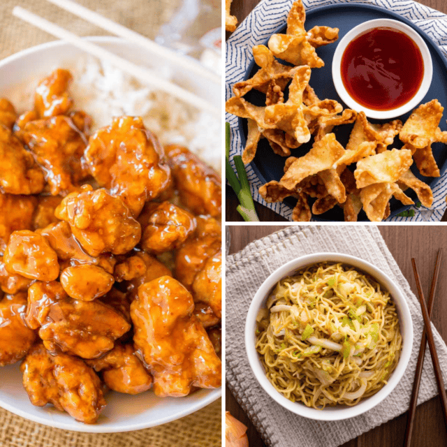 3 image grid of orange chicken, cheese rangoons, and chow mein